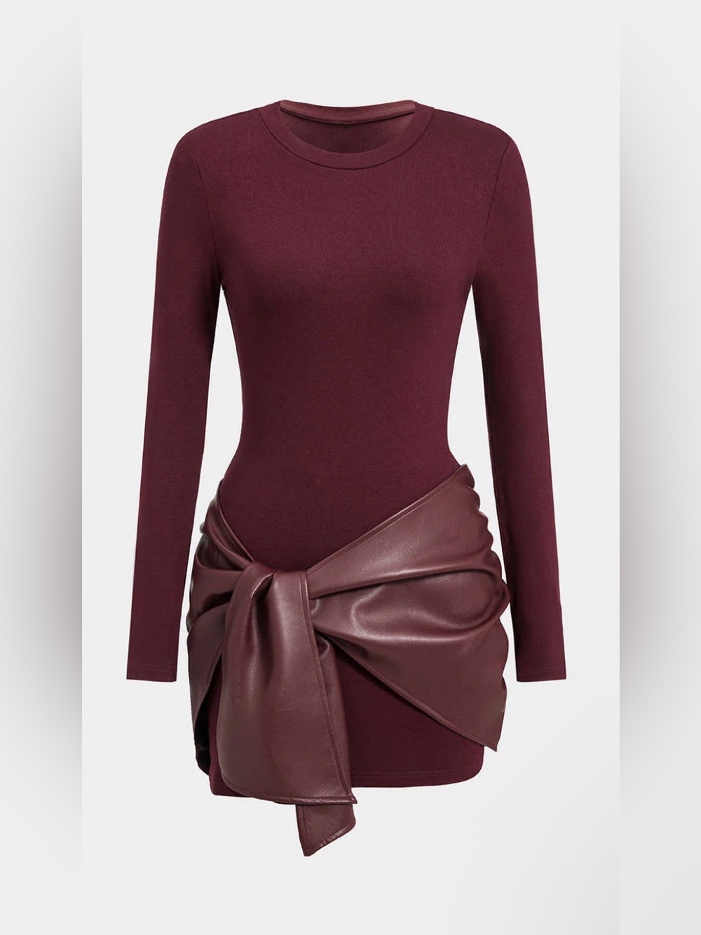 Micas Long Sleeve Burgundy Bodycon Dress with Faux Leather Wrap Detail